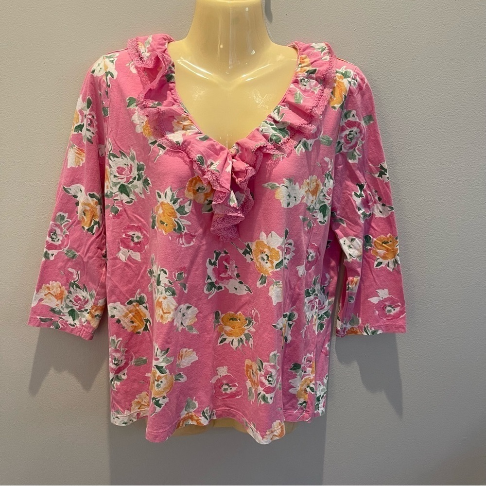 Ralph Lauren Blouse Womens M Per Measurements Pink Floral Ruffles 3/4 Sleeves